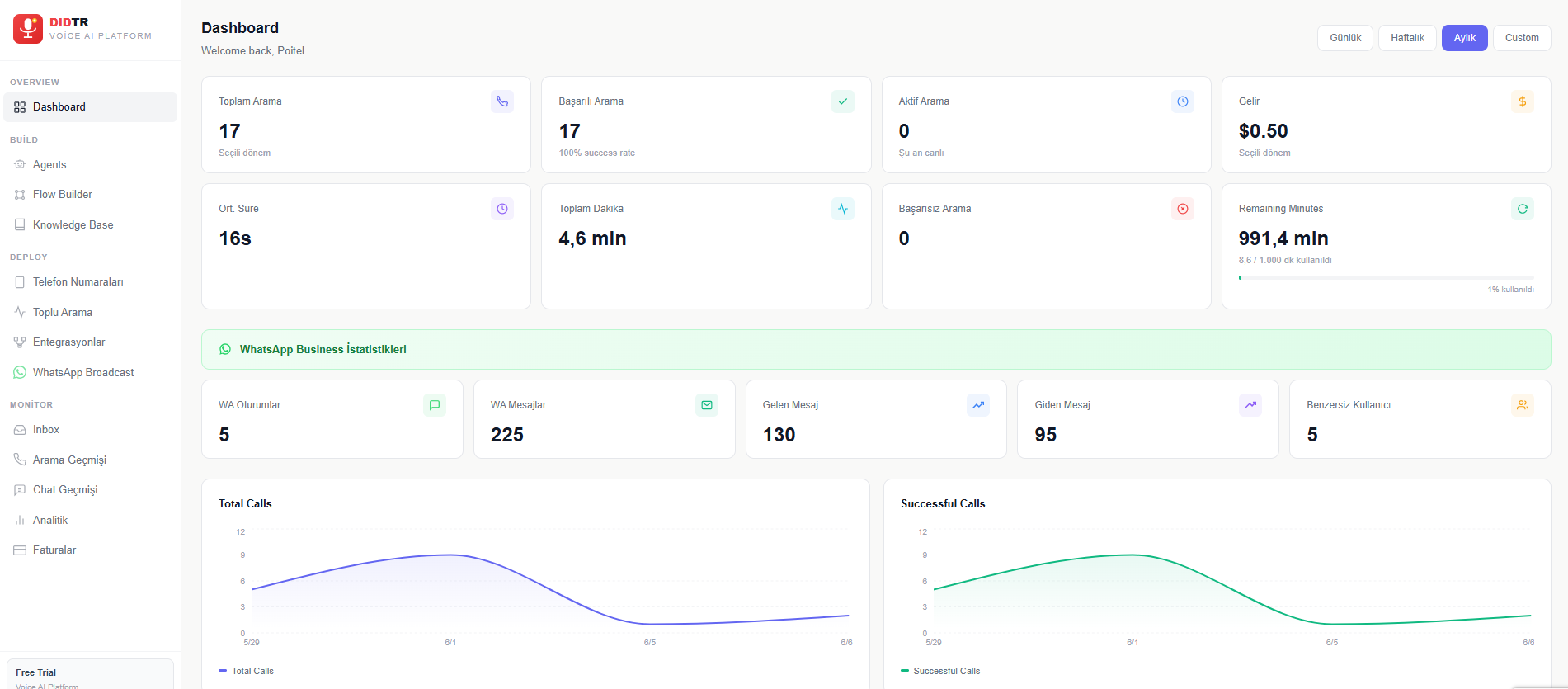 DIDTR Voice AI Dashboard ekranı