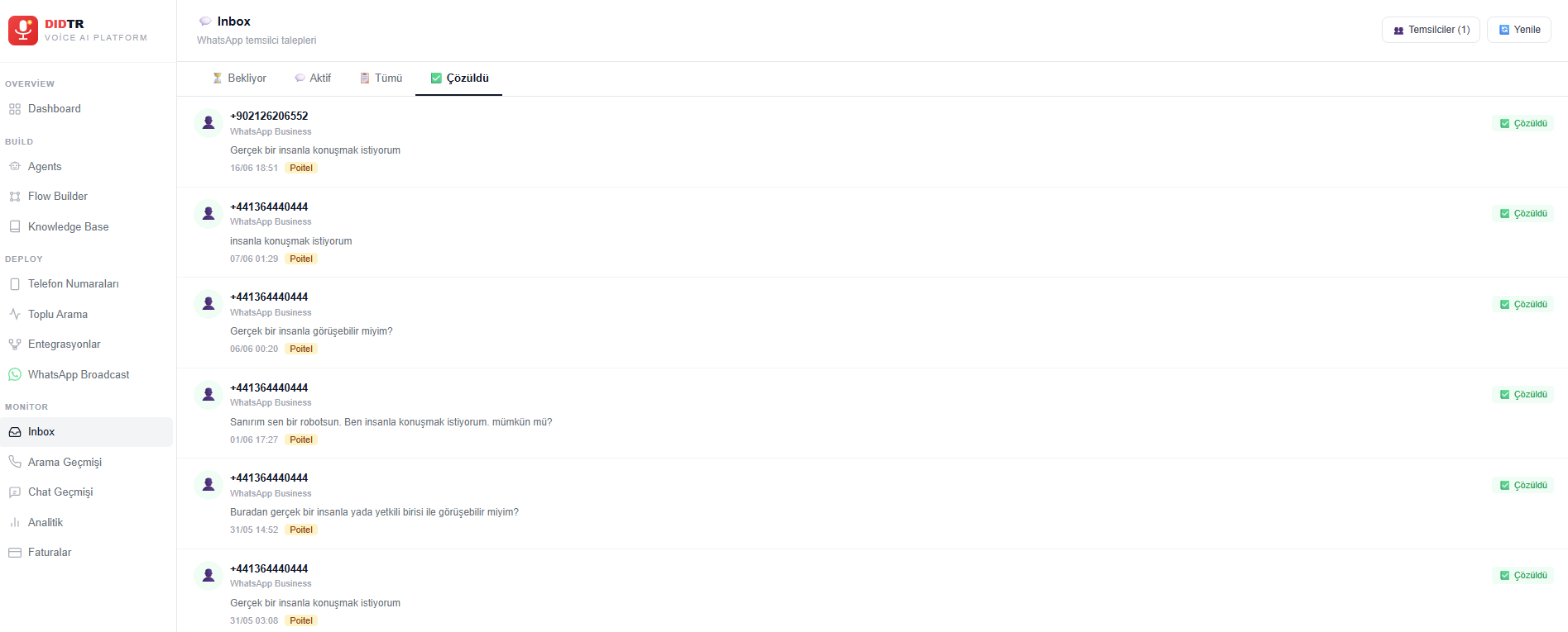 DIDTR Voice AI Inbox ekranı